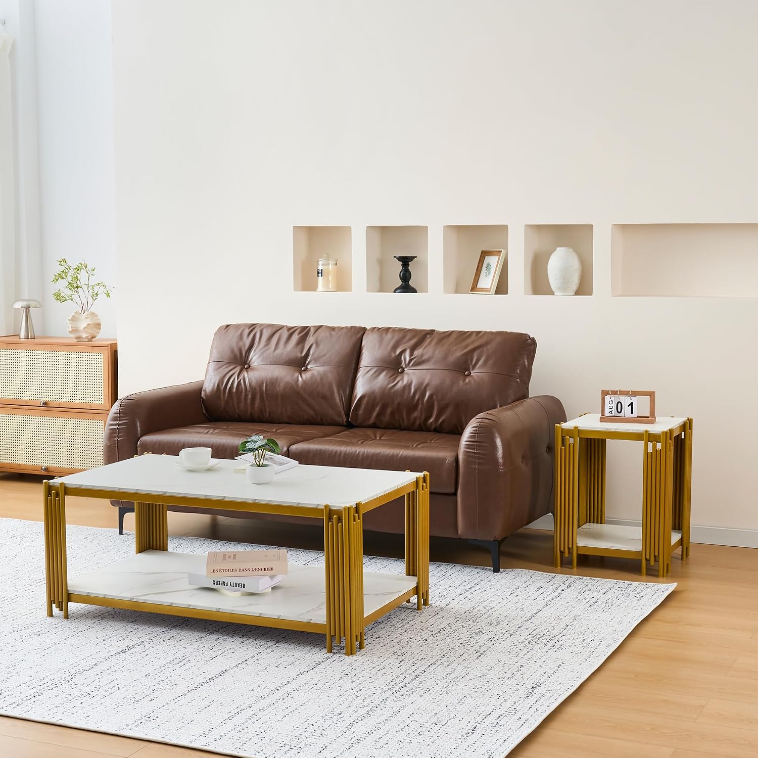 Elegant Marble Coffee Table Set of 2 White Faux Marble Coffee Table End Table Set with Gold Metal Frame 2 Piece Living Room Table Set with 1 Rectangle Coffee Table & 1 Square Side Table