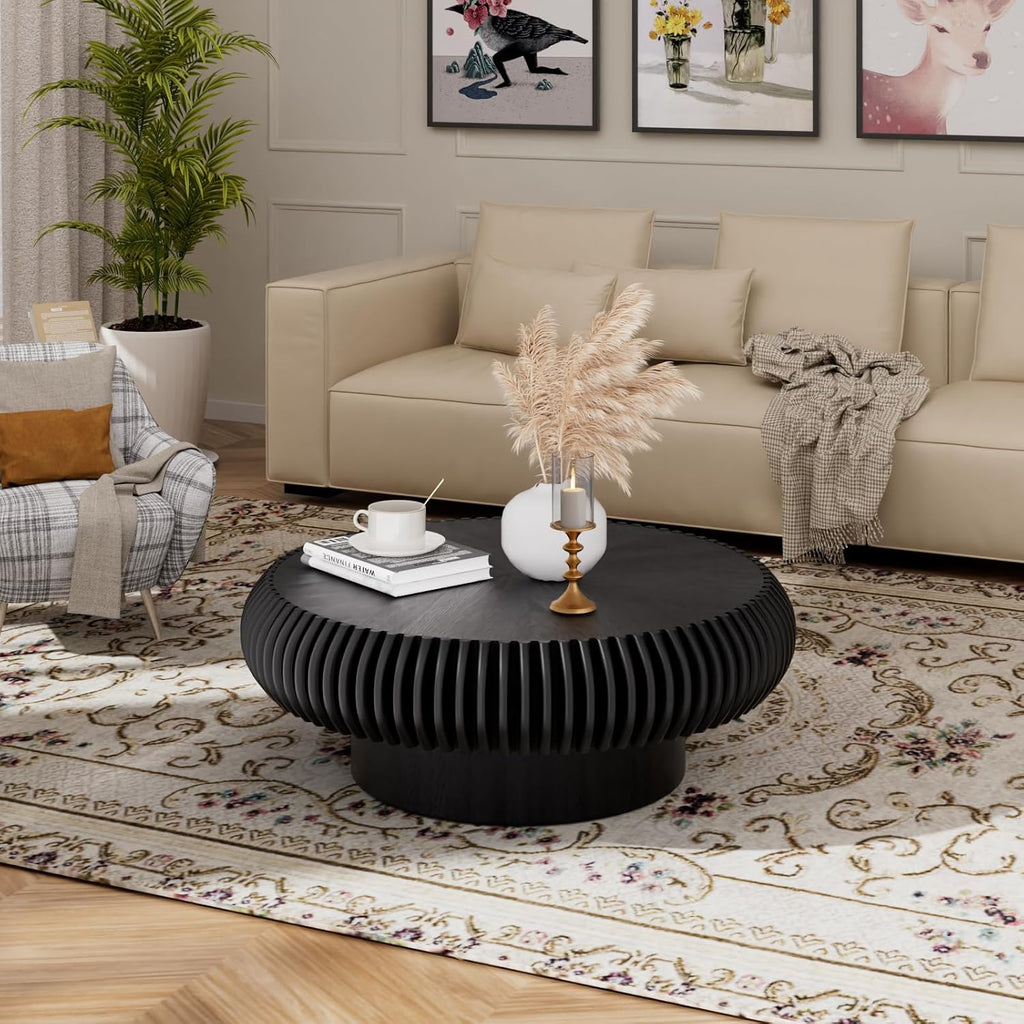 31.5' Round Drum Coffee Table, Modern Fluted Coffee Tables with Solid Wood Veneer, Wooden Circle Center Table for Living Room, Small Spaces, and Apartments, Easy Assembly