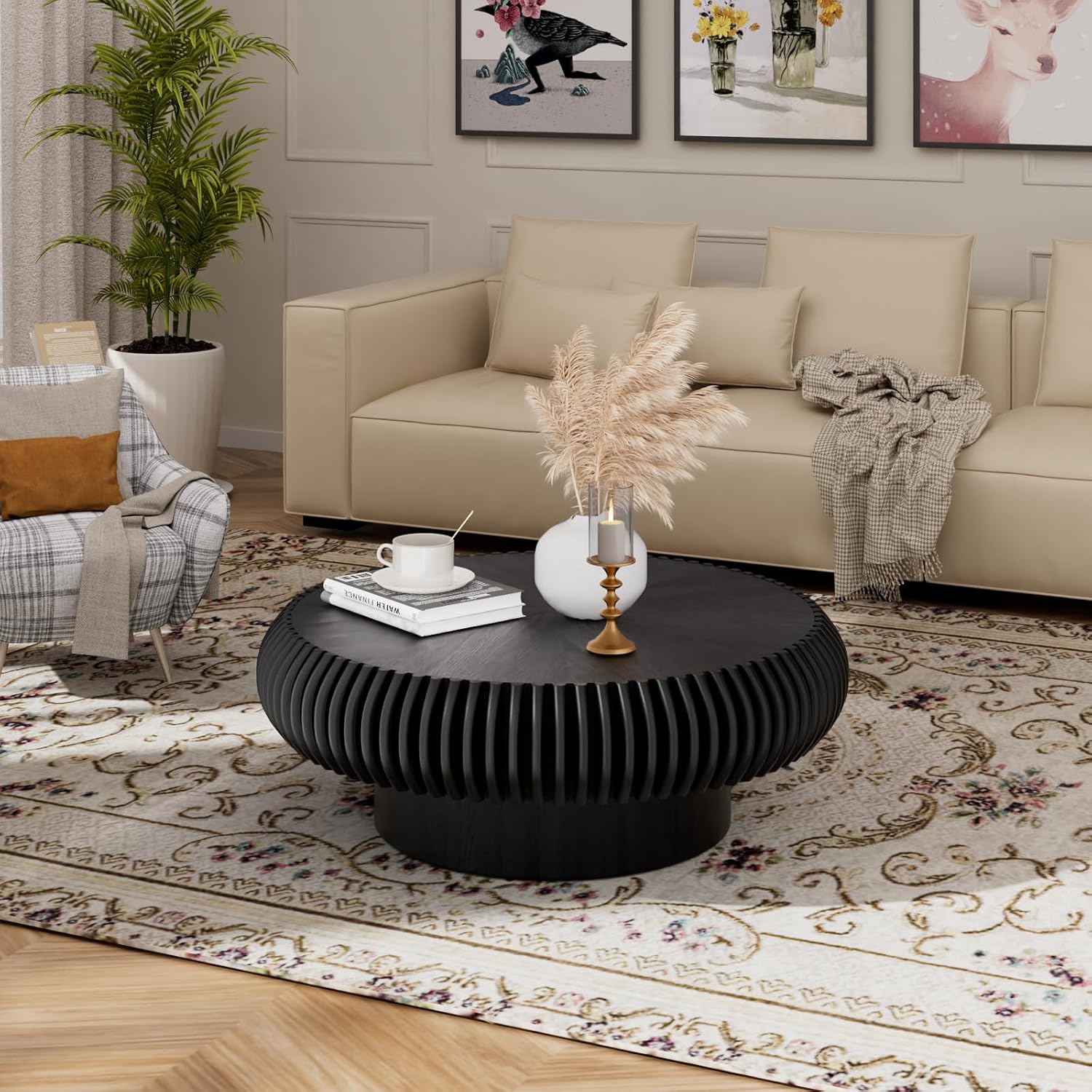 31.5' Round Drum Coffee Table, Modern Fluted Coffee Tables with Solid Wood Veneer, Wooden Circle Center Table for Living Room, Small Spaces, and Apartments, Easy Assembly