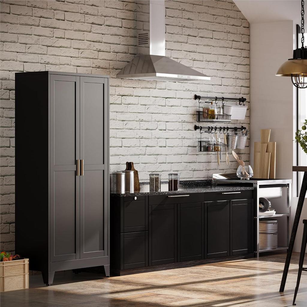 Bevivog Black Tall Bathroom Storage Cabinet, 71' Tall Utility Pantry Cabinets with Doors and Shelves, Metal Storage Cabinet for Garage Office Kitchen Pantry Laundry Room
