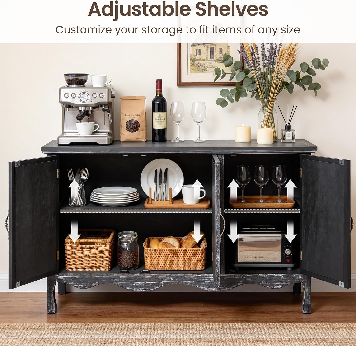 RoyalCraft Buffet Cabinet with Storage, Vintage Solid Wood Sideboard Table Coffee Bar Wine Bar Storage Cabinet with 3 Doors for Dining Room, Living Room, Hallway, Distressed Black