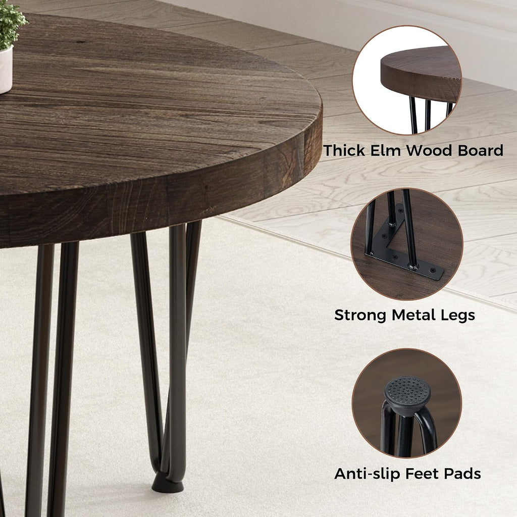 FLYJOE Rustic Wood Round Coffee Table with Metal Legs, Solid Elm Wood Top and Non-Slip Feet Pads - Farmhouse Style for Living Room, Walnut