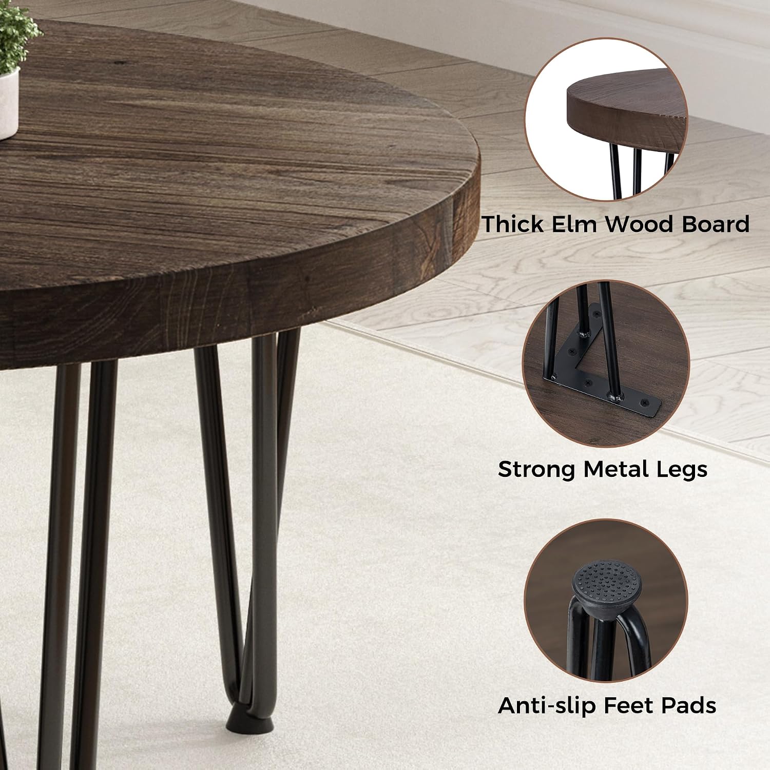 FLYJOE Rustic Wood Round Coffee Table with Metal Legs, Solid Elm Wood Top and Non-Slip Feet Pads - Farmhouse Style for Living Room, Walnut
