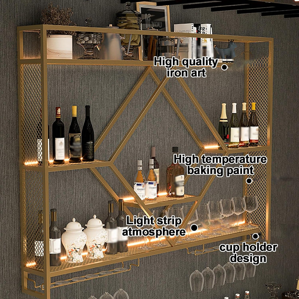 Bar Shelves Wine Rack Wall Mounted, Metal 3-Tiers Hanging Goblet Display Storage, Bottle Stand Lighting for Bars, Floating Bar Shelf Rack, for Home Dining Room Kitchen