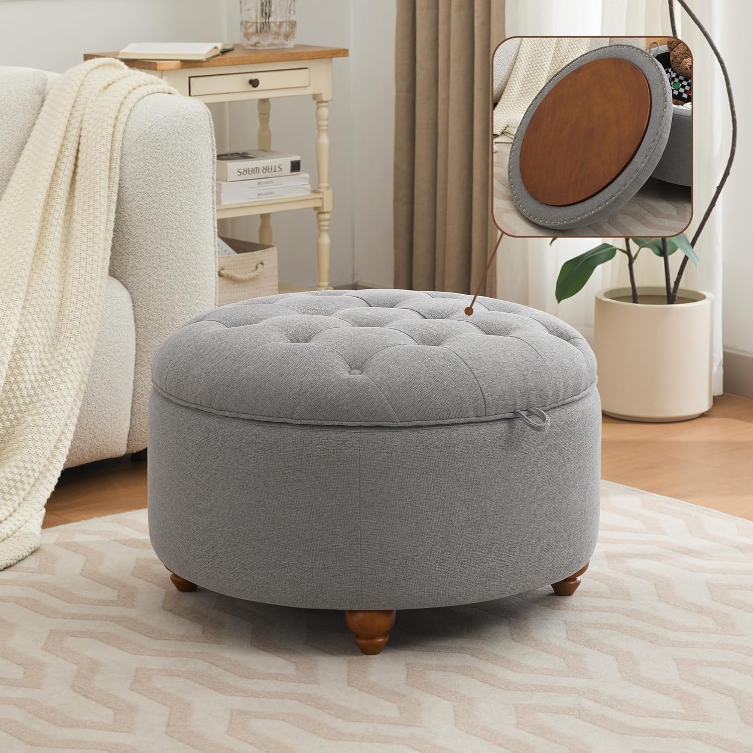 WUTUTUEE 30Inch Round Storage Ottoman with Tray, Modern Tufted Fabric Circle Coffee Table with Storage, Upholstered Ottoman with Removable Top for Living Room, Bedroom, Light Grey
