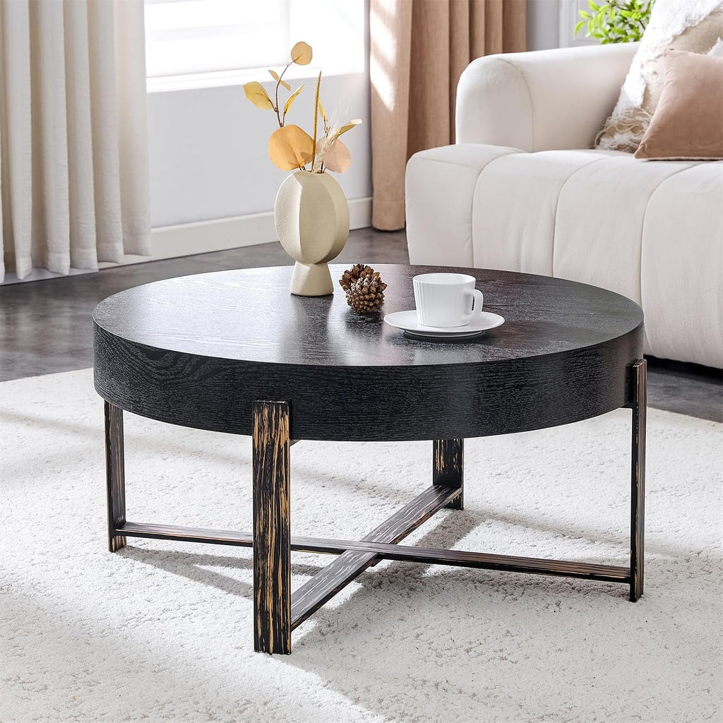Round Coffee Table, Small Wood Coffee Table with Storage, Modern Mid Century Metal Circle Tables Accent Center Tables for Living Room Apartment Small Space (31.5''D-Black)