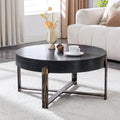 Round Coffee Table, Small Wood Coffee Table with Storage, Modern Mid Century Metal Circle Tables Accent Center Tables for Living Room Apartment Small Space (31.5''D-Black)