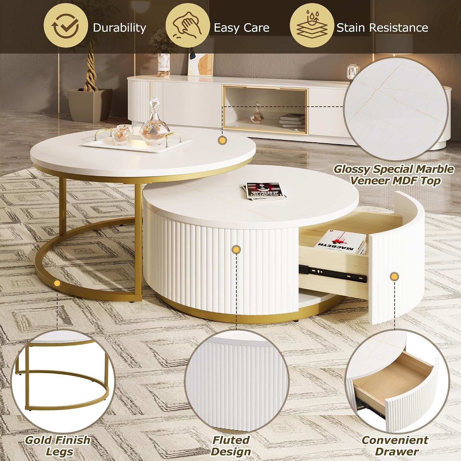 Lift-Top Nesting Coffee Table Set of 2, Modern Round Coffee Table with Drawer, Circular Wood Center Table Set for Living Room, Apartment, 31.5' White & Gold
