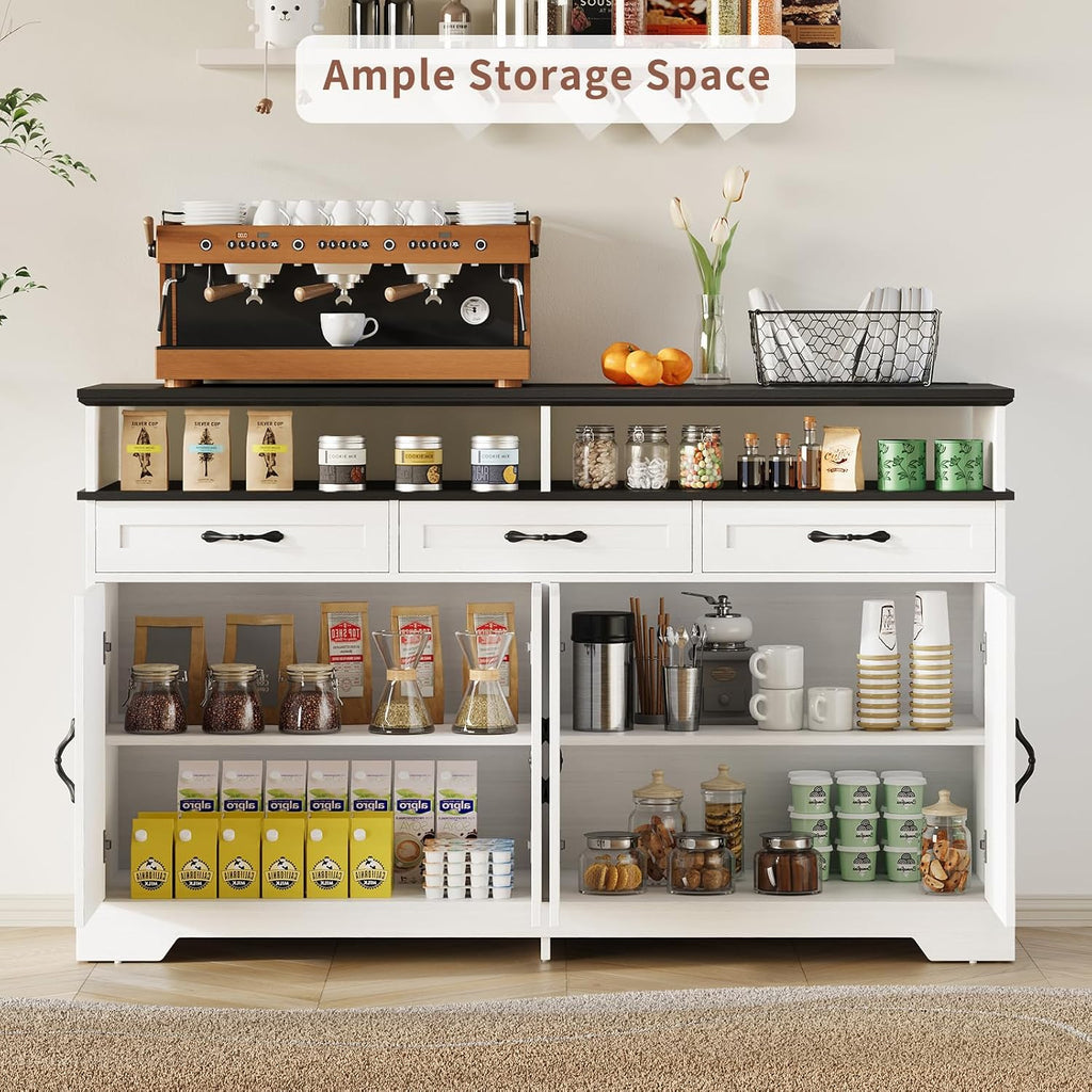 Yanosaku 63'' Buffet Cabinet with Storage, Farmhouse Sideboard Cabinet with Charging Station, Coffee Bar Cabinet, Sideboard Buffet Cabinet for Kitchen, Living Room, Hallway, White