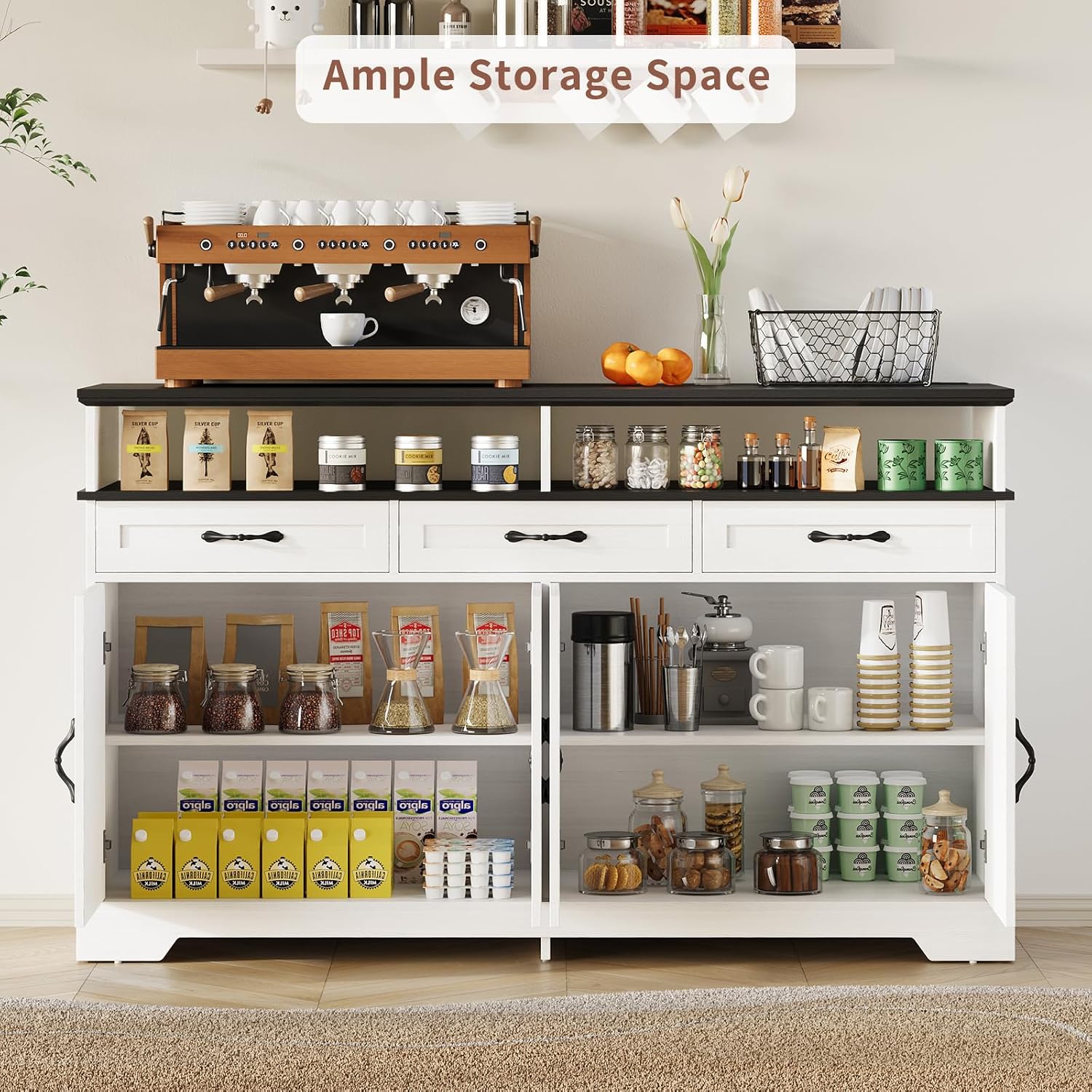 Yanosaku 63'' Buffet Cabinet with Storage, Farmhouse Sideboard Cabinet with Charging Station, Coffee Bar Cabinet, Sideboard Buffet Cabinet for Kitchen, Living Room, Hallway, White