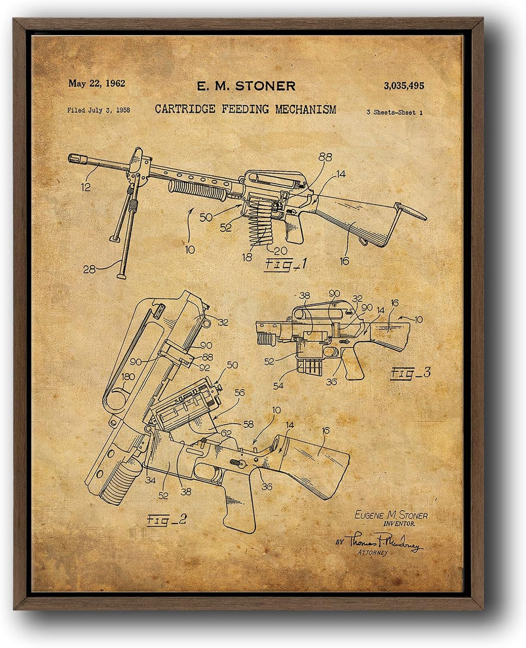 Personal-Prints Firearm Patent Art | Vintage Wall Art, Office, Bedroom Decor | 2nd Amendment & Choice of Unique Gun Art Gifts | USA Made (AR-15, Parchment, 20'x24' Float Framed Canvas)