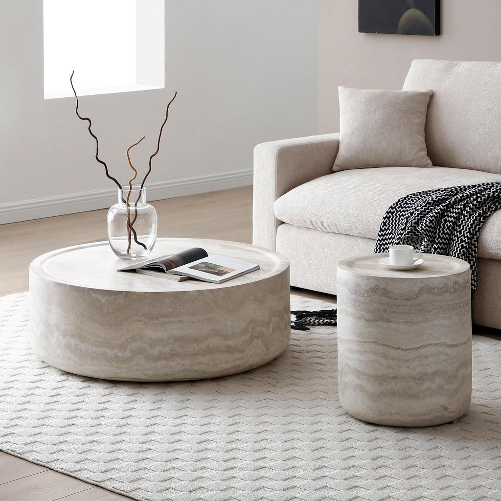 WILLIAMSPACE 31.49'' Round Coffee Table in Faux Marble, Modern Circle Fiberglass Drum Stone Center Table Side Table Tea Table for Living Room, No Need Assembly (Mars Pattern)