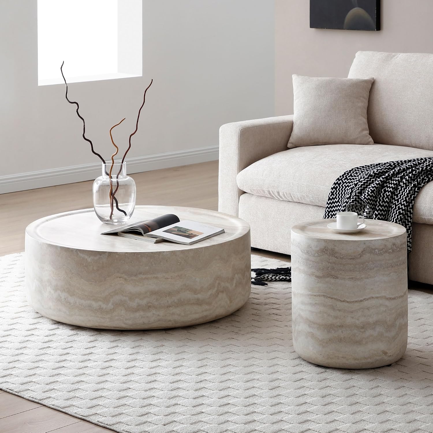 WILLIAMSPACE 31.49'' Round Coffee Table in Faux Marble, Modern Circle Fiberglass Drum Stone Center Table Side Table Tea Table for Living Room, No Need Assembly (Mars Pattern)