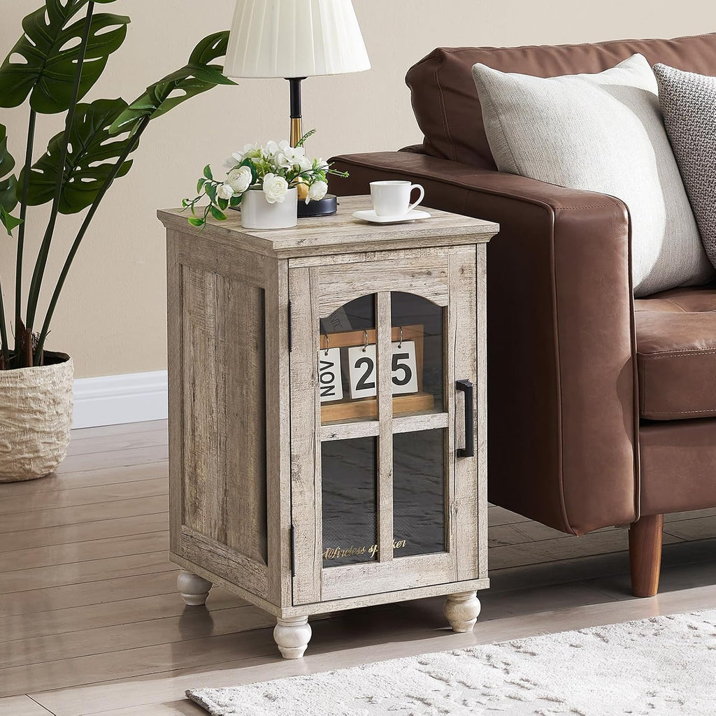 Narrow Side Table Set of 2,Farmhouse Nightstand with Charging Station,End Table with Glass Barn Door Storage, Cabinet Organizer with Adjustable Shelf, Night Stand for Small Spaces Living Room Bedroom