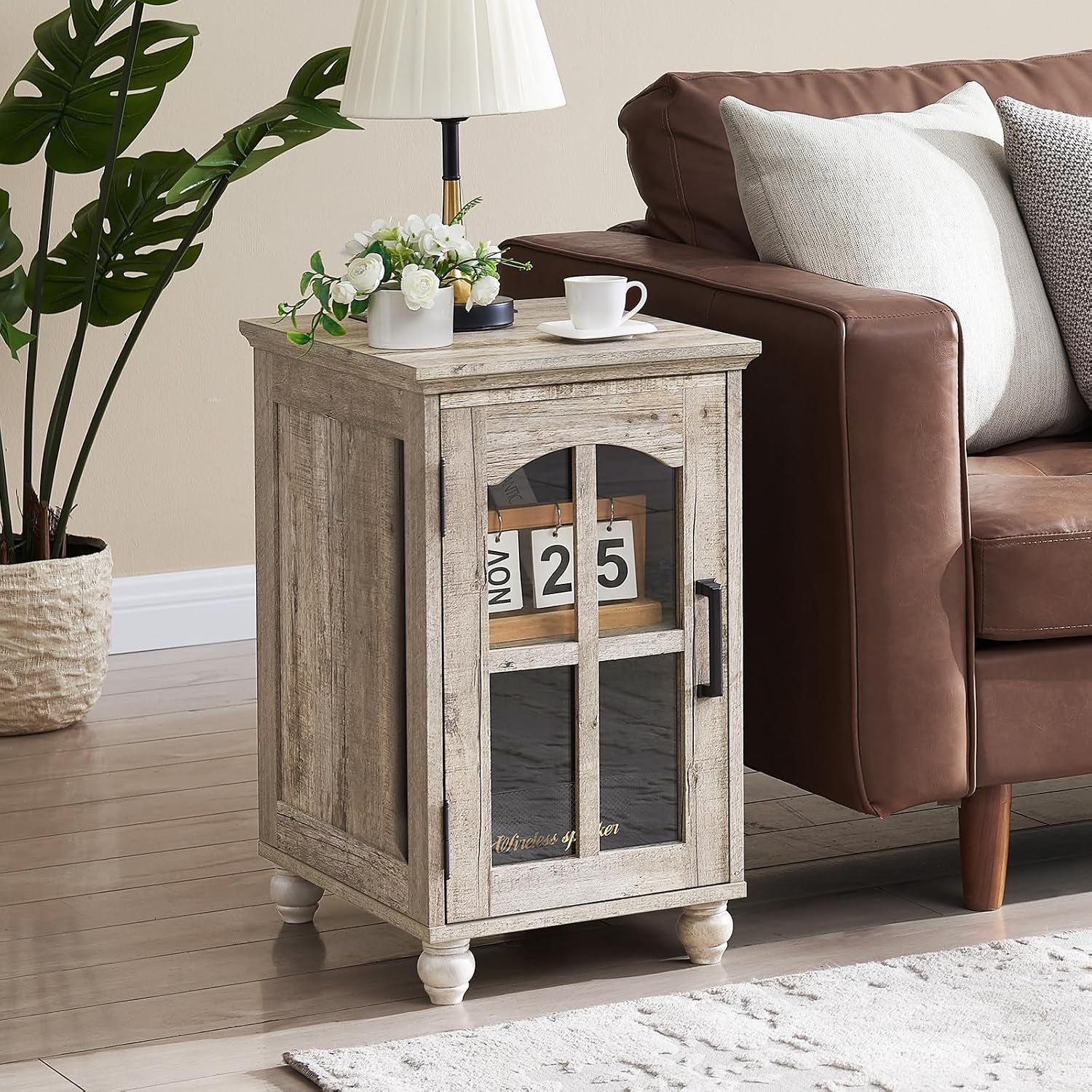 Narrow Side Table Set of 2,Farmhouse Nightstand with Charging Station,End Table with Glass Barn Door Storage, Cabinet Organizer with Adjustable Shelf, Night Stand for Small Spaces Living Room Bedroom