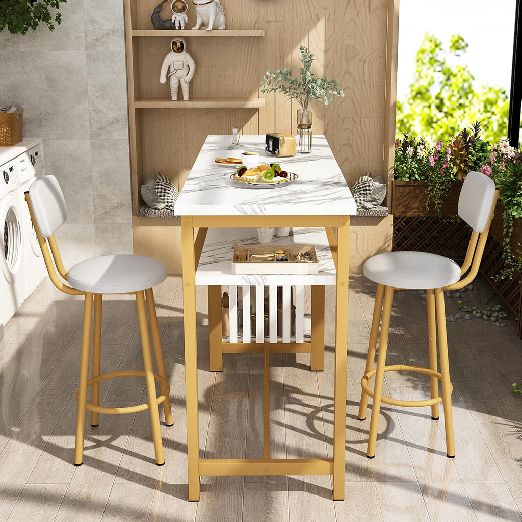 AWQM 3-Piece Bar Table and Chairs Set, Modern White Faux Marble Table with 2 PU Cushion Bar Stools, Kitchen Counter with 3 Tier Storage Shelves, Space Saving Table for Home & Kitchen, White & Gold