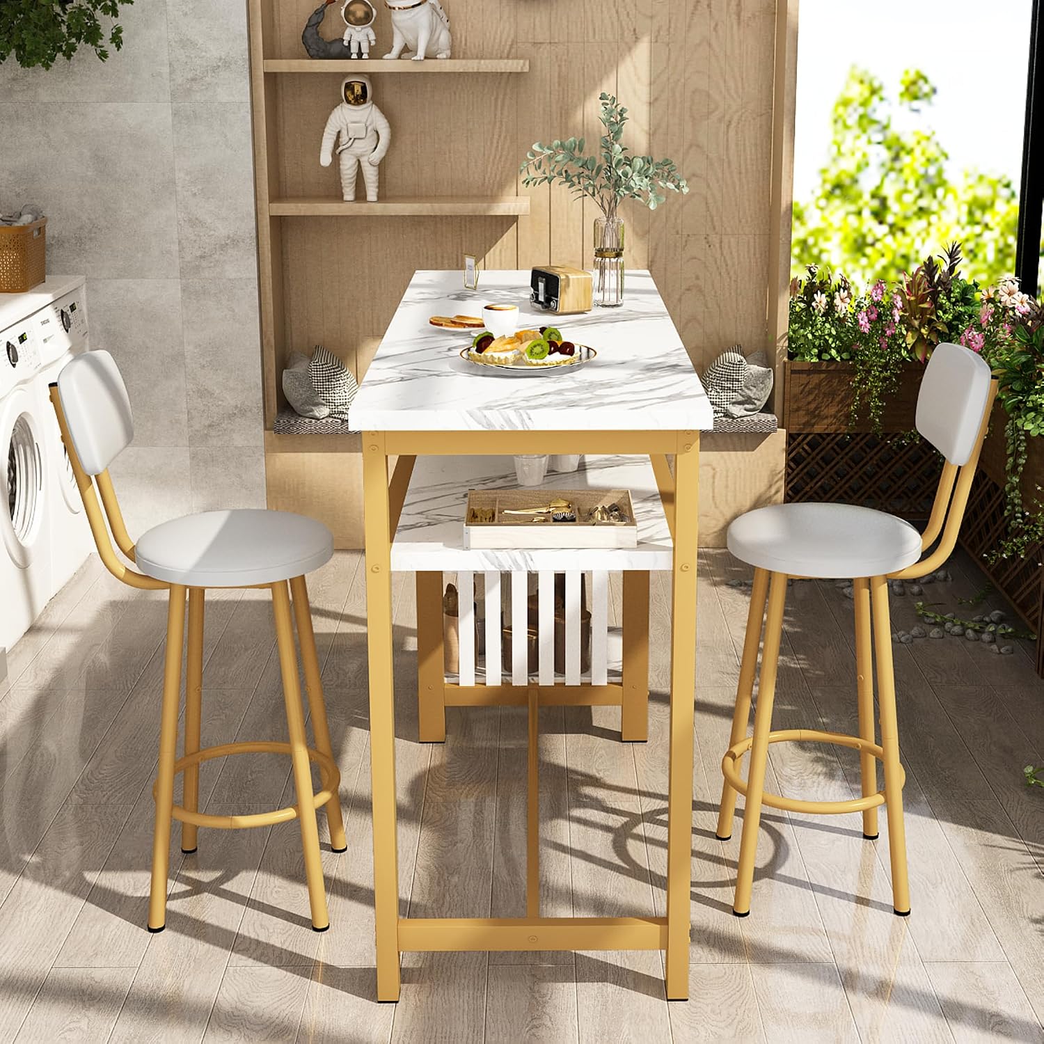AWQM 3-Piece Bar Table and Chairs Set, Modern White Faux Marble Table with 2 PU Cushion Bar Stools, Kitchen Counter with 3 Tier Storage Shelves, Space Saving Table for Home & Kitchen, White & Gold