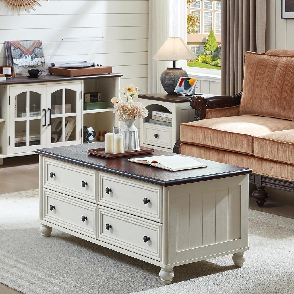 RWYHG Farmhouse Coffee Table & Night Stand Set of 3, Wood 54'' Wide Center Table & 18'' Chest of Drawers, Roman Column 3 Drawers Nightstand Set of 2, Living Room Furniture Coffee Tables Suites White