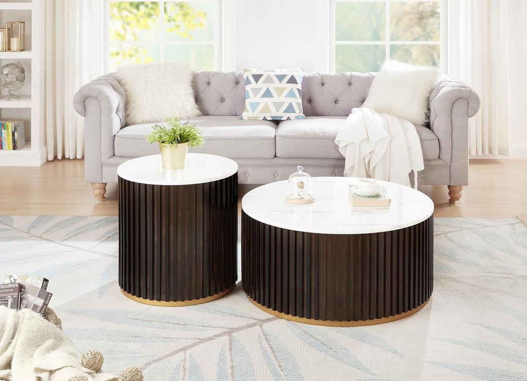 Round Wood End Table with Marble Lid ＆ Hidden Storage, Modern Handcraft Drum End Table, Circle Wooden Side Table for Apartment Living Room, No Need Assembly(Black Brown,20x20x22 in)