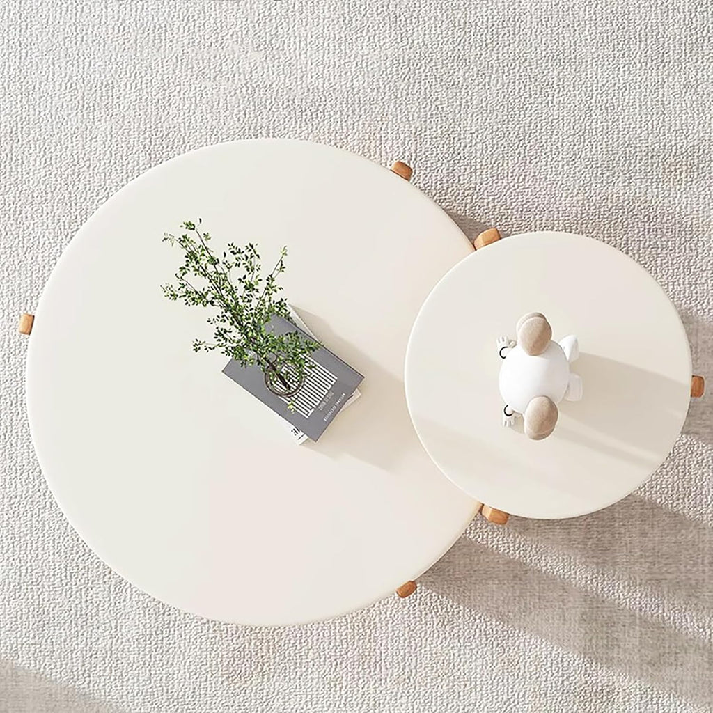 Round Nesting Coffee Table Set of 2,Solid Wood Coffee Table for Living Room,Modern Minimalist Coffee Table Center Table,Wooden Cream Table with 3 Round Legs table, 3344qtyy56