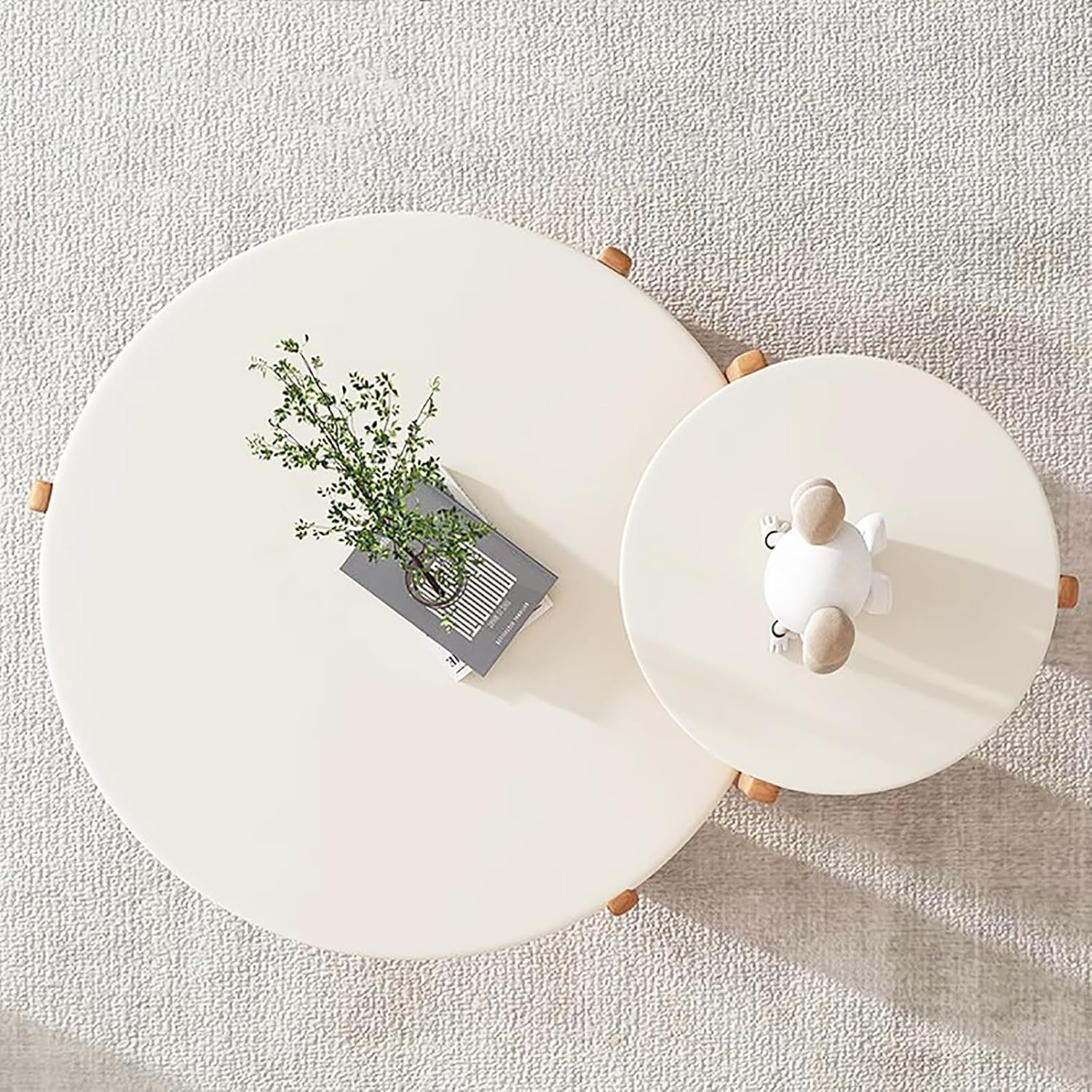 Round Nesting Coffee Table Set of 2,Solid Wood Coffee Table for Living Room,Modern Minimalist Coffee Table Center Table,Wooden Cream Table with 3 Round Legs table, 3344qtyy56