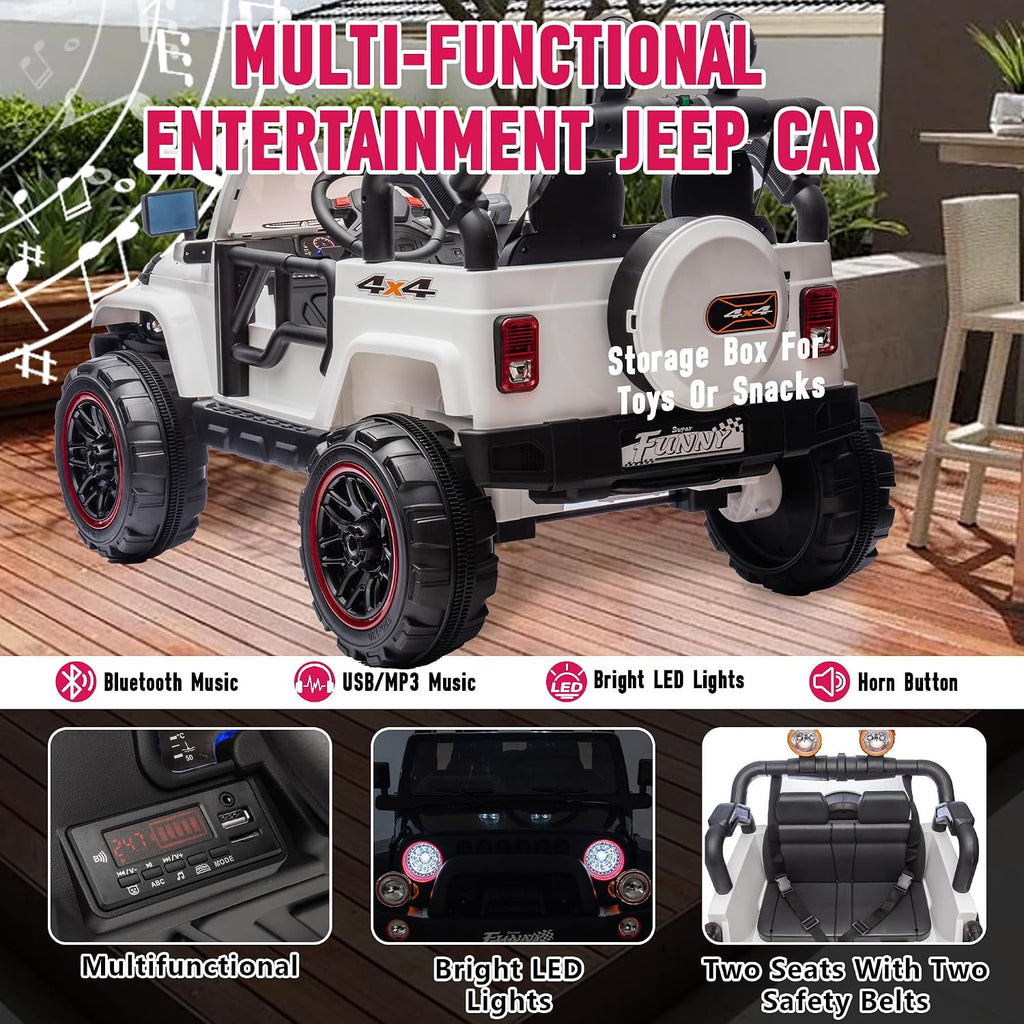 24V XL Kids Electric Ride on Truck Car 2 Seater Remote Control for Toddlers 2-8, 160W 2 Motors 5MPH Max Speed, Bluetooth USB Music Player, LED Lights Safety Belt, Gift for Boys Girls, White