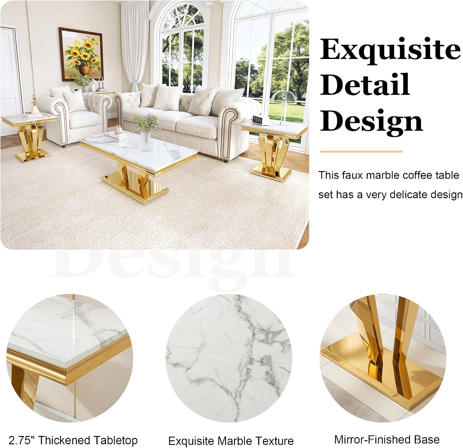 Living Room Coffee Table Set of 3, Modern Marble Coffee Table and 2 End Side Tables, 3-Piece Living Room Table Set with Stainless Steel Base for Living Room (Gold,White)