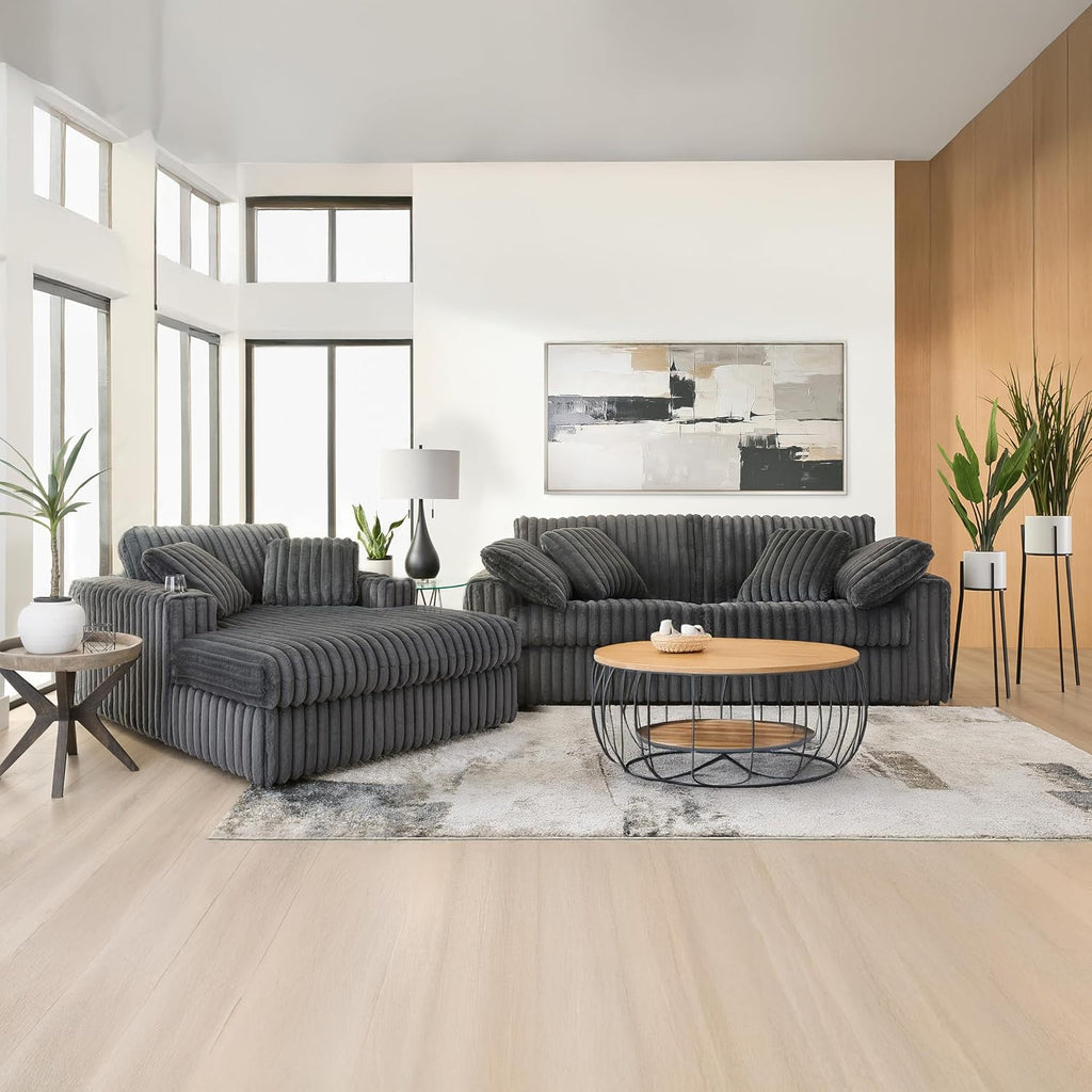Roundhill Furniture Belvoir 3-Piece Living Room Set, Sofa Cuddle Chaise and Ottoman, Charcoal