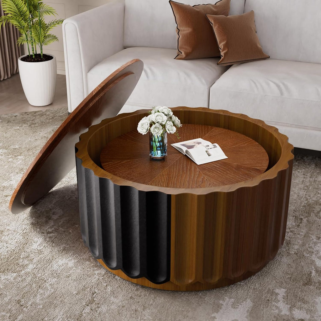 Round Nesting Coffee Table with Storage Stylish Chic Wooden Circle Center Table - Handcraft Relief Veneer for Living Room Study Balcony (F 26.8+19.7in)