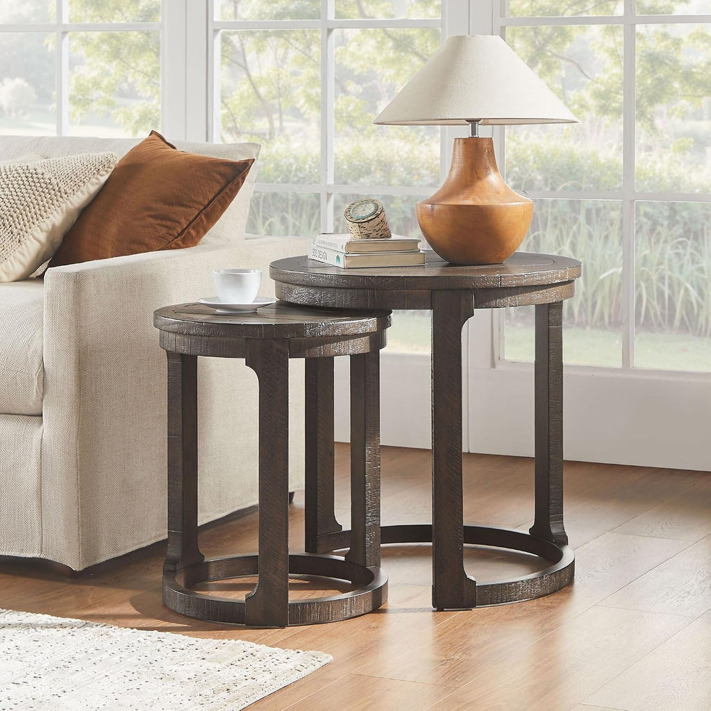 Round End Side Table Set of 2, Handcraft Nesting Table for Living Room, Modern Wood Circle Style, Easy Assembly, Dark Brown