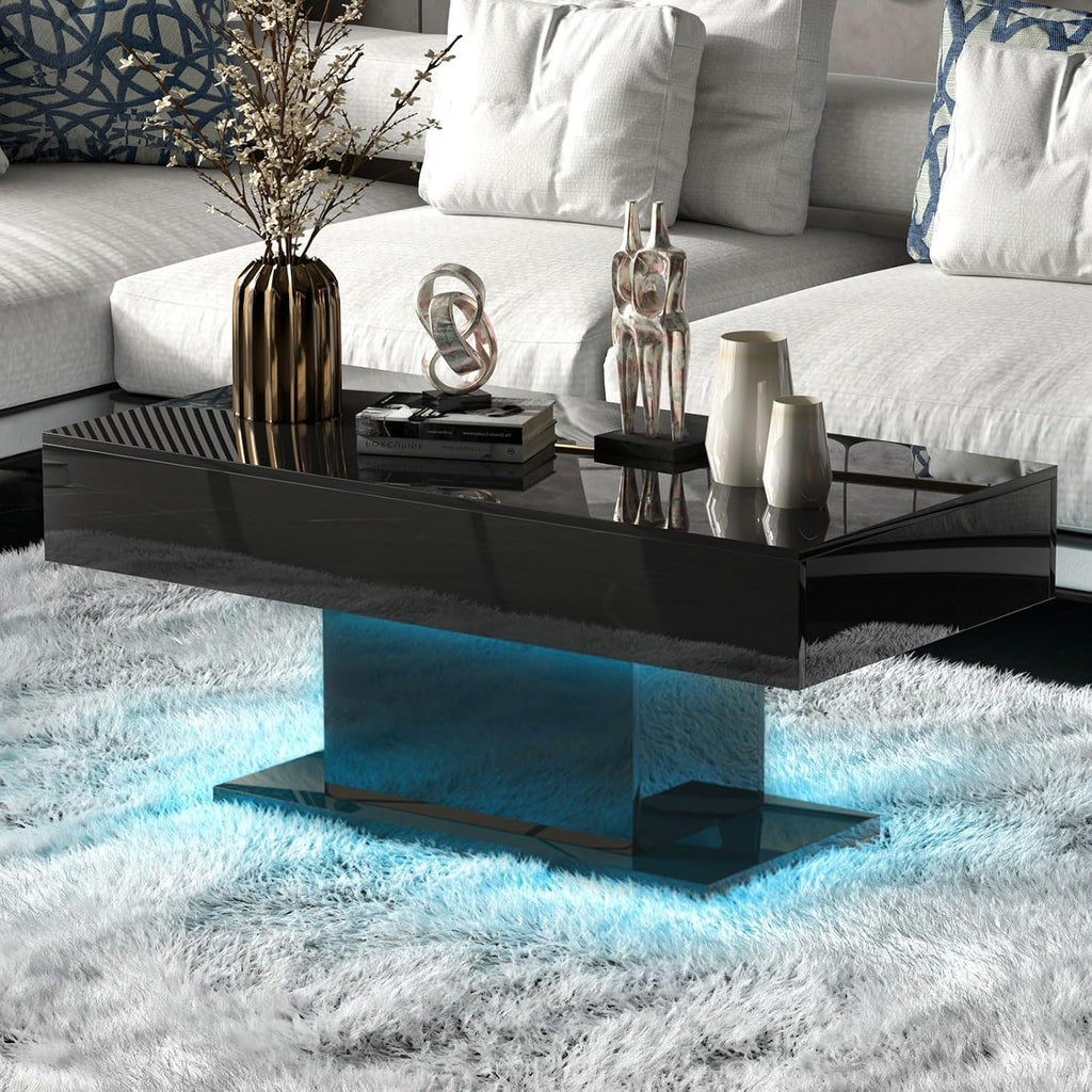 HedoAjim Led Coffee Table for Living Room, Living Room Table Rectangular Center Table, Modern High Glossy Wooden Coffee Tables with 16 Colors LED Lights for Dining Reception Room, Black