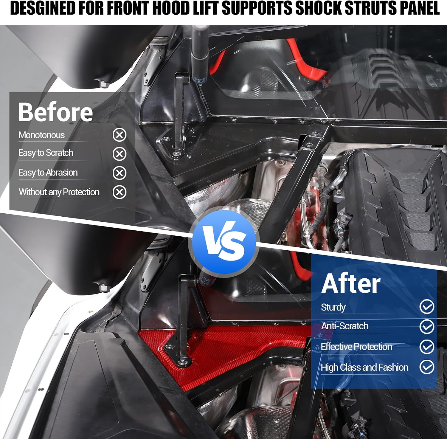 Real Carbon Fiber Engine Bay Panel Cover Compatible with Chevrolet Corvette C8 2020-2026, Front Hood Lift Supports Shock Struts Base Trim Cover Accessories 2Pcs (Red)