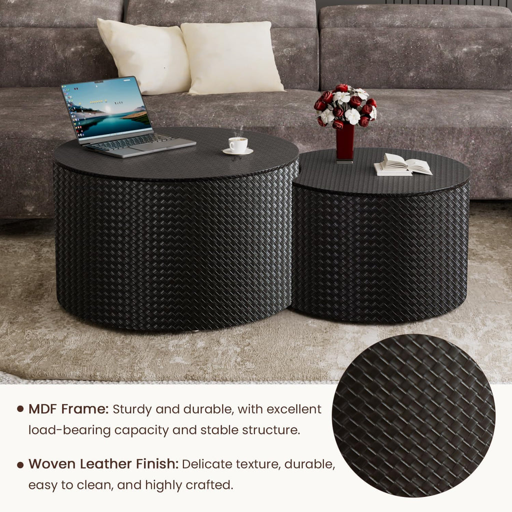 WXFKLDJ Nesting Coffee Tables Set of 2 Leather Finish Round Coffee Tables with Storage Wood Frame Drum End Side Table for Small Space Living Room Bedroom No Assembly Needed (Black with Storage)