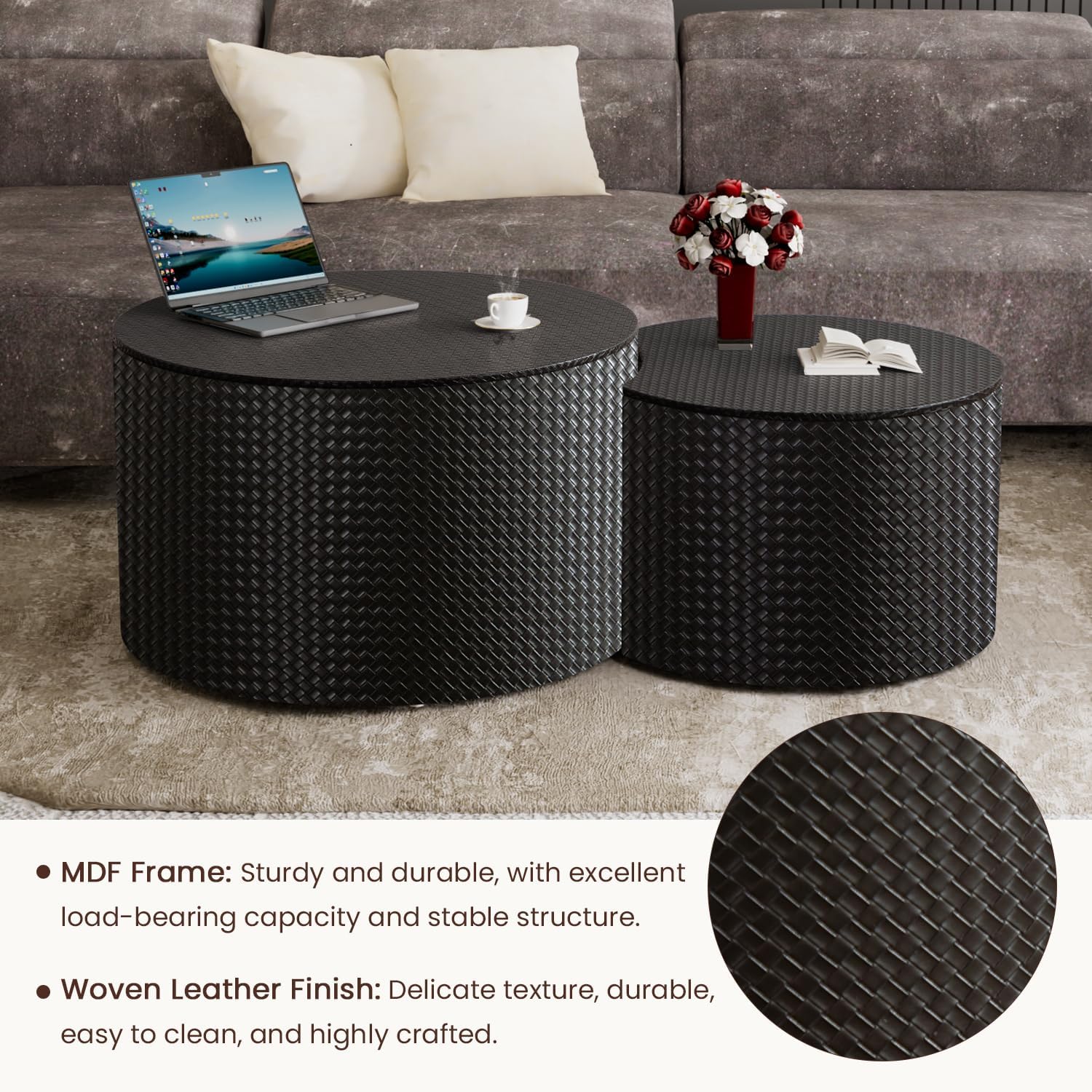 WXFKLDJ Nesting Coffee Tables Set of 2 Leather Finish Round Coffee Tables with Storage Wood Frame Drum End Side Table for Small Space Living Room Bedroom No Assembly Needed (Black with Storage)