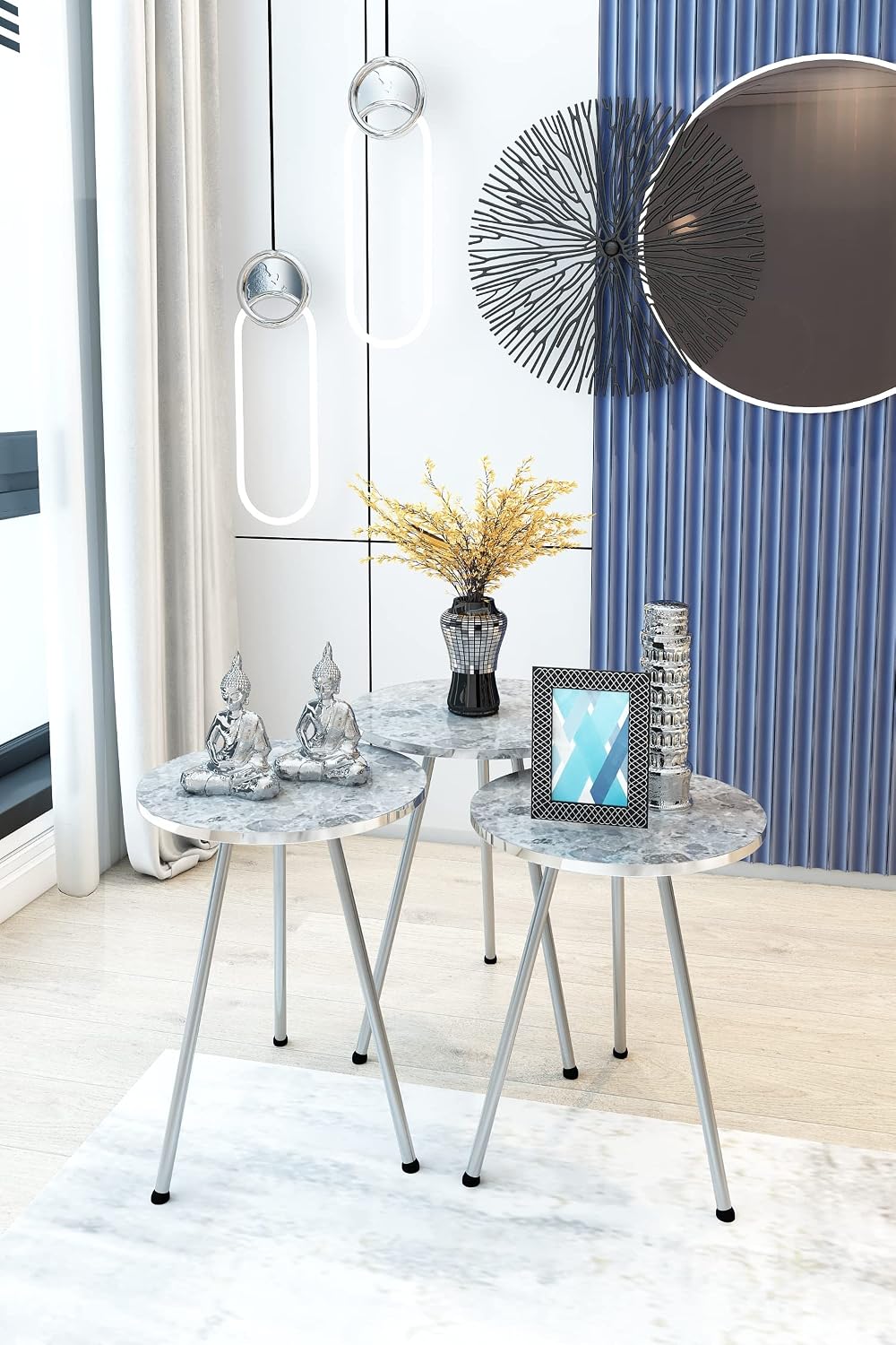 Set of 3 Nesting END Tables - Round Stacking Coffee Side Tables for Small Spaces, Nightstand Bedside Table for Living Room, Bedroom, Living Room, Balcony, NO-Tools Assembly (Gray Marble/Silver)
