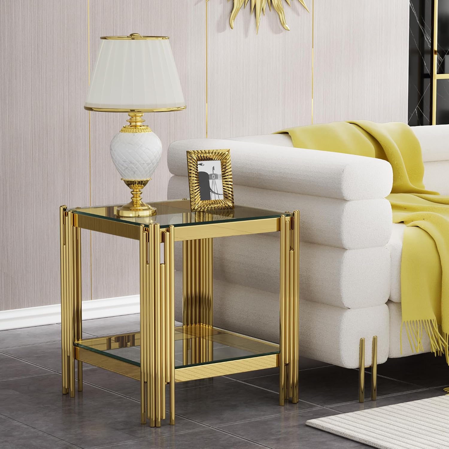 Modern Glass End Table, 20' Suqare Side Table with Gold Mirrored Stainless Steel Frame, 2-Tier Clear Glass End Table Nightstand Pedestal Stand Lamp Table for Living Room, Bedroom, Office