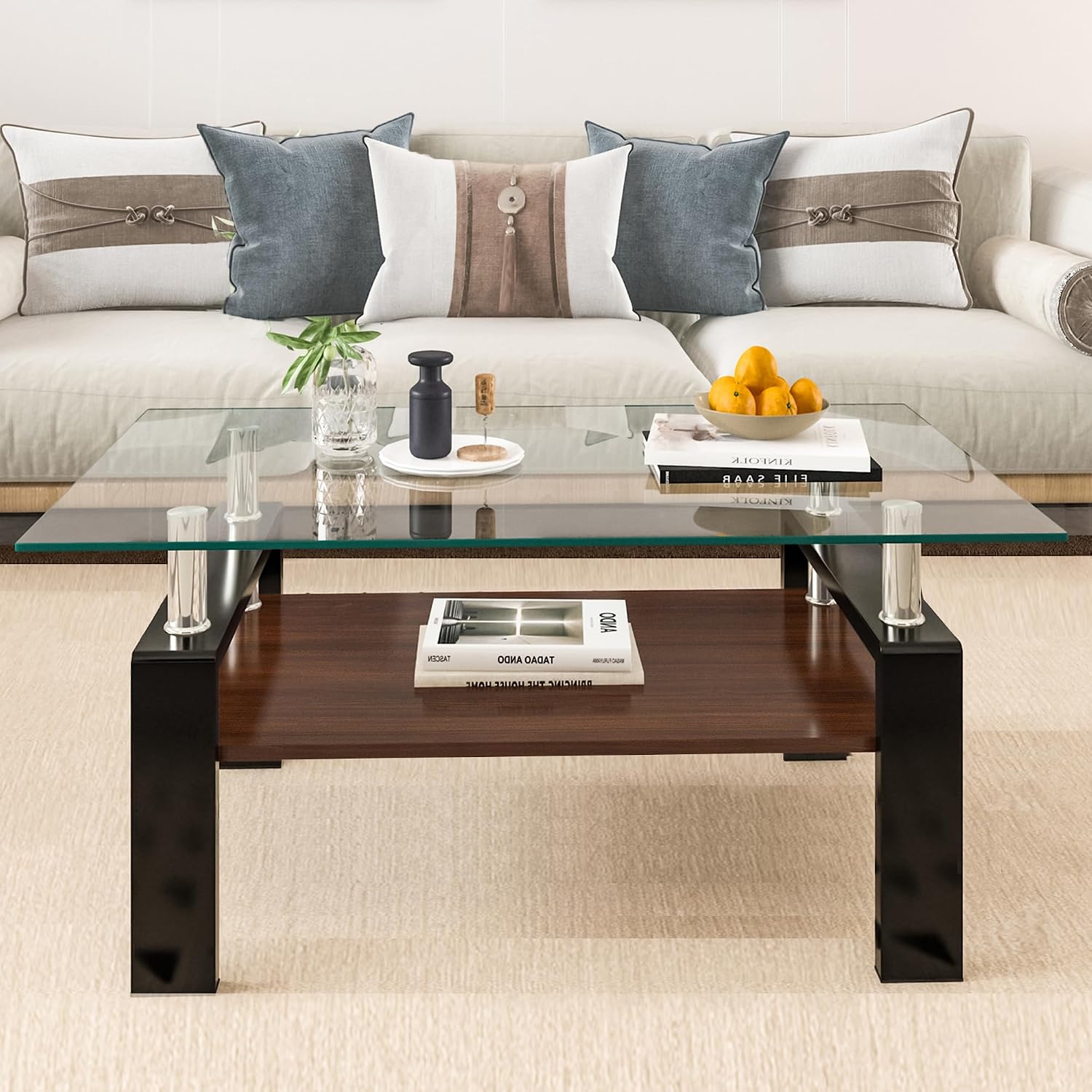 Glass Coffee Table Sets of 3 for Living Room, Mordern End Table Sofa Side Tables with Storage, Black Metal Leg, Transparent Glass Tabletop Rectangle Tempered Center Table Home Furniture Set