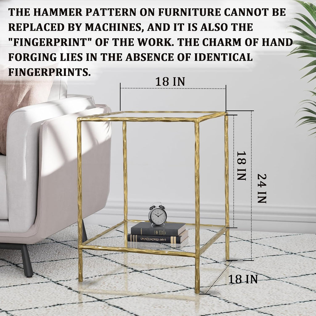 BEGINS Hand Forged Side Table 2 Tier, Vintage End Table Glass Top Coffee Table, Accent Table with Solid Hammered Frame, Suitable for Living Room, Bedroom, Study Room, Entryway (Gold, Square)