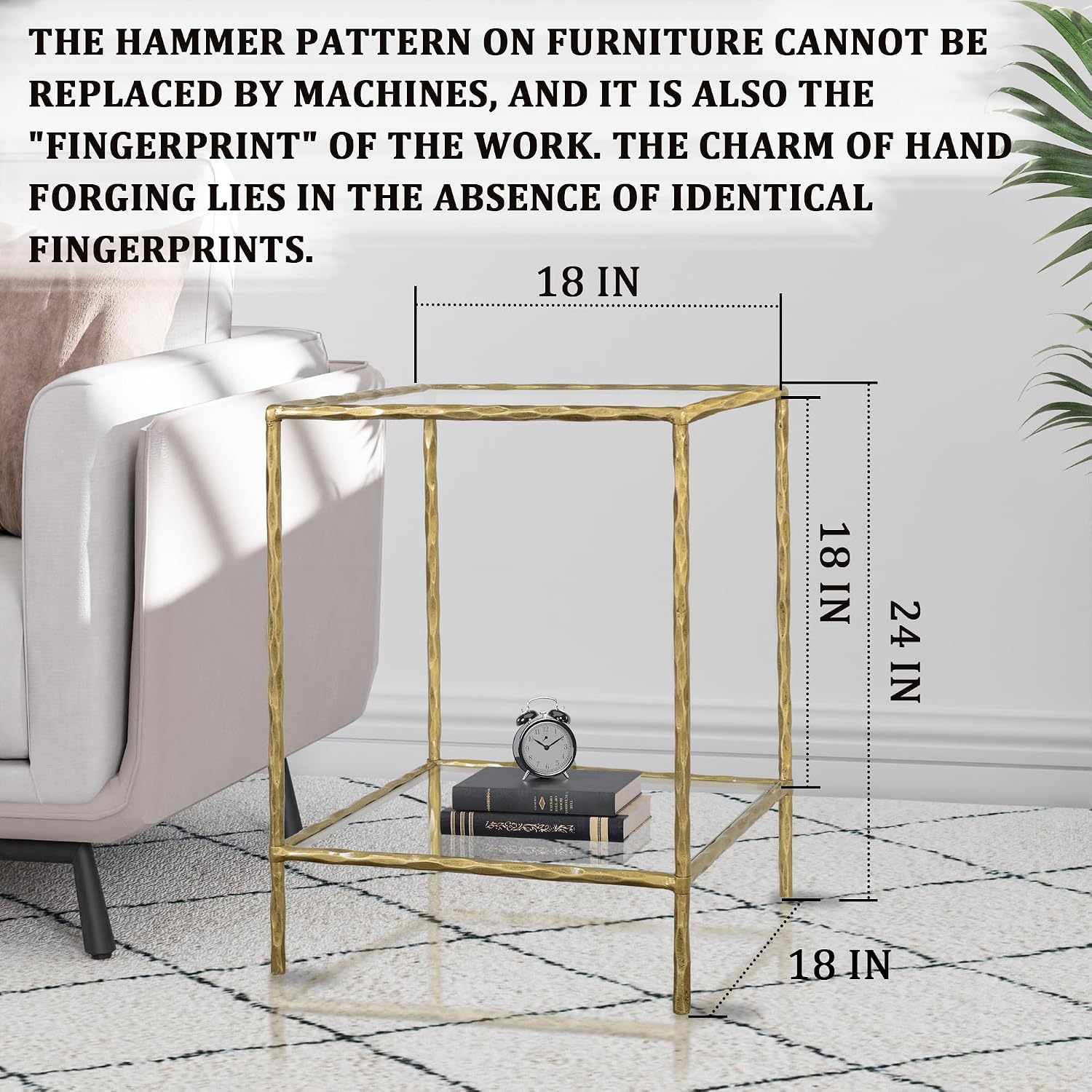 BEGINS Hand Forged Side Table 2 Tier, Vintage End Table Glass Top Coffee Table, Accent Table with Solid Hammered Frame, Suitable for Living Room, Bedroom, Study Room, Entryway (Gold, Square)