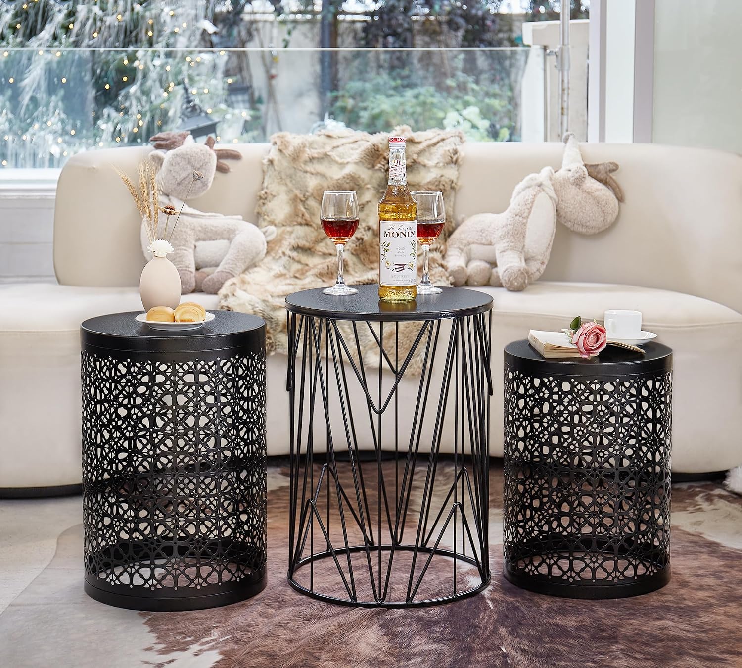 HFHOME Set of 3 Heavy-Duty Round End Table, Side Table, Coffee Table for Indoor Multifunctional Use, Outdoor Decorative Garden Stool Plant Stand-Black