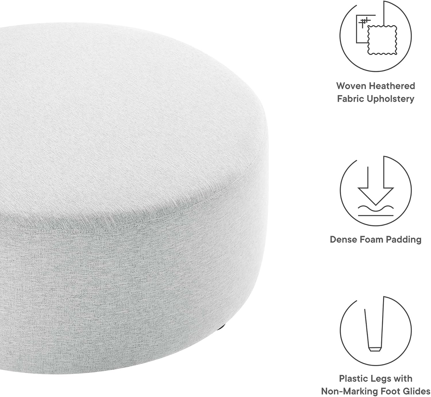 Modway Callum 38 Inch Round Ottoman in Heathered Weave Light Gray - Heathered Woven Fabric - Versatile Upholstered Coffee Table and Footrest - Couch Ottoman - Living Room Accent Table