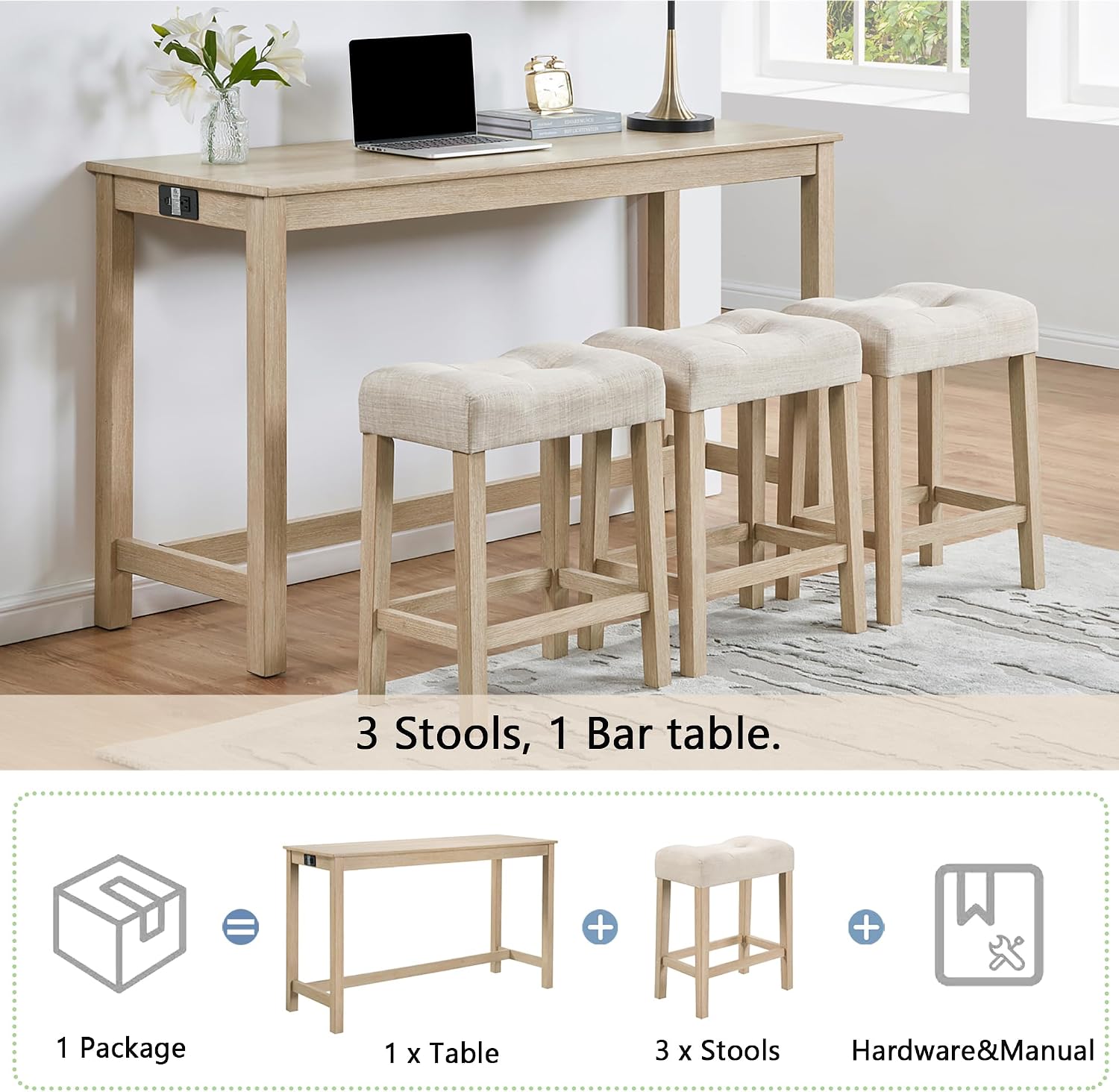 Merax 4 Piece Dining Bar Table Set with Power Outlet,Behind Sofa Couch Table with 3 Linen Fabric Padded Saddle Seat Stools,for Living Room,Dining Room,Light Oak