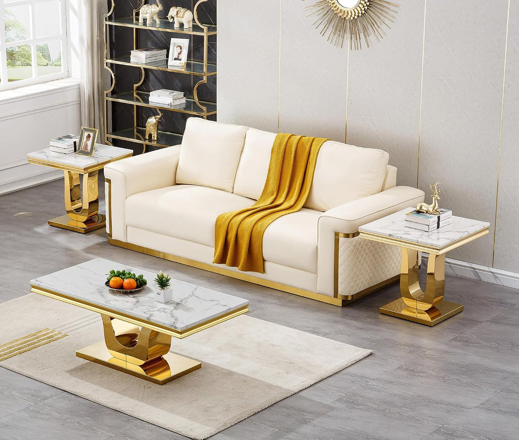 3 Piece Living Room Table Set, Faux Marble Coffee Table Set of 3, Modern White Coffee Table and 2 End Tables with Gold Stainless Steel U-Base for Living Room Home Office