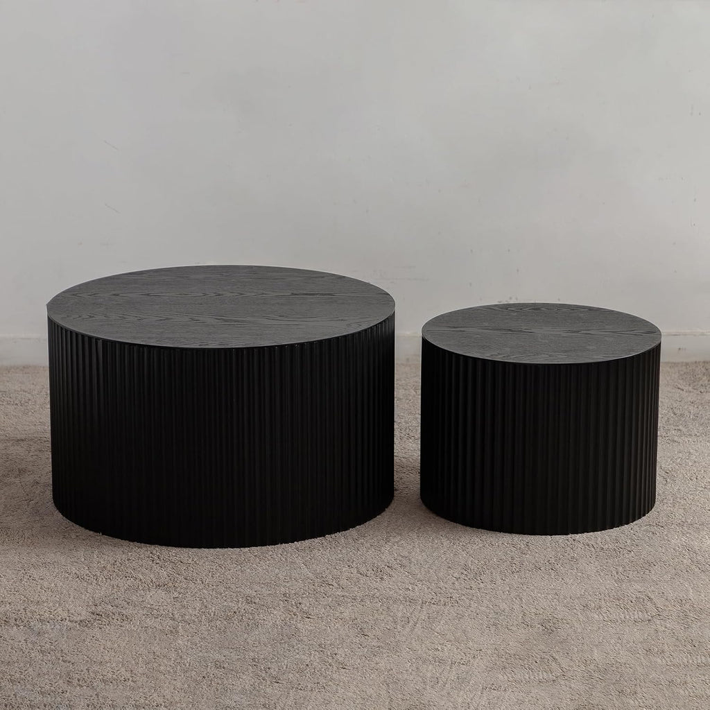 Round Nesting Coffee Table Modern Black Fluted Coffee Table Set of 2 for Living Room Circle Drum Coffee Tables Round Nesting Tables for Small Spaces (Black B 27in)