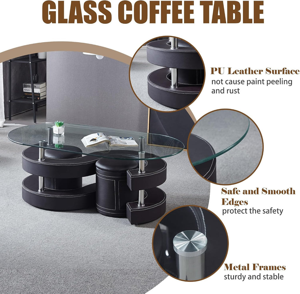 Glass Coffee Table Set with 2 Stools, 49' Oval Coffee Table with Tempered Glass Table Top and 2 Leather Stools, Modern Glass Center Table for Living Room, Home Office
