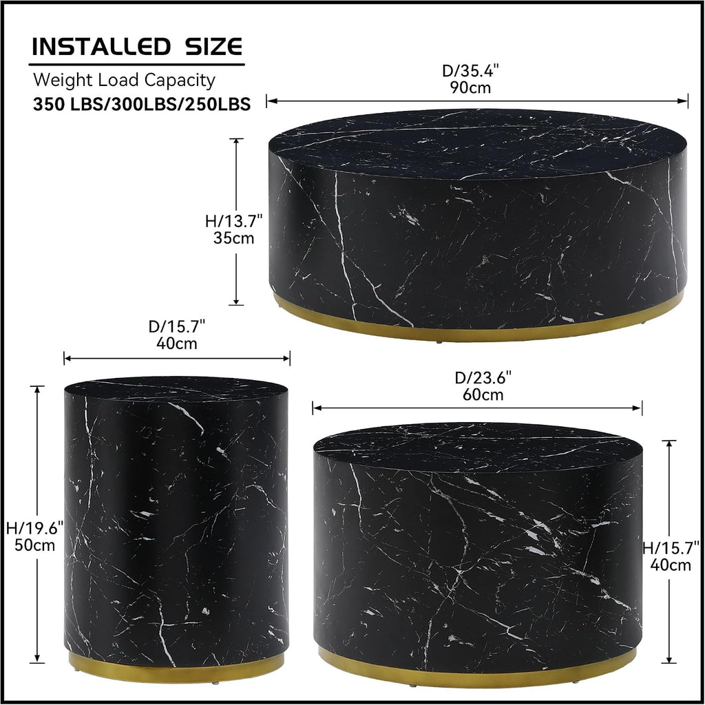 JUSTONE Faux Marble Coffee Table Set of 3,Modern White Coffee Table with Gold Rim Bottom,Perfect for Living Room Apartment, Black& Gold