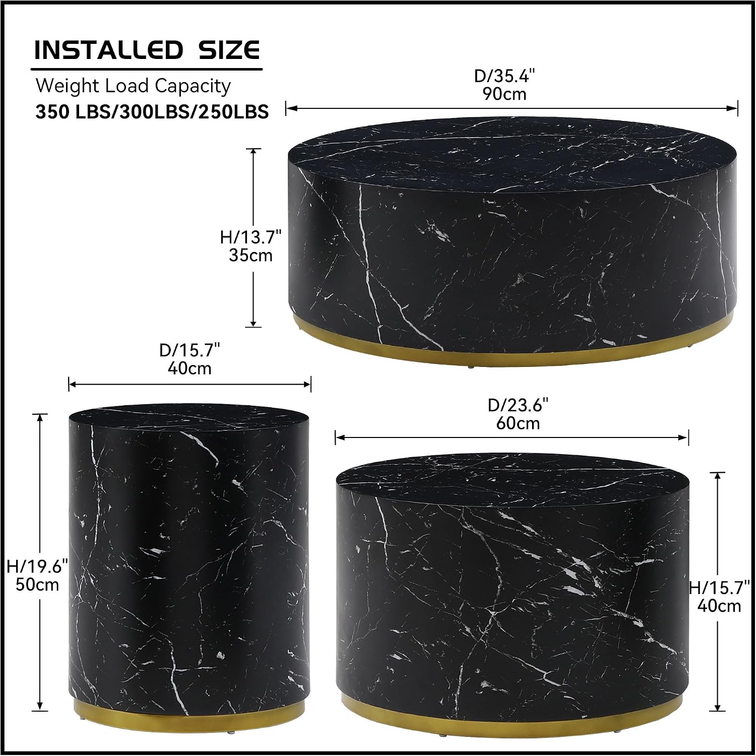JUSTONE Faux Marble Coffee Table Set of 3,Modern White Coffee Table with Gold Rim Bottom,Perfect for Living Room Apartment, Black& Gold