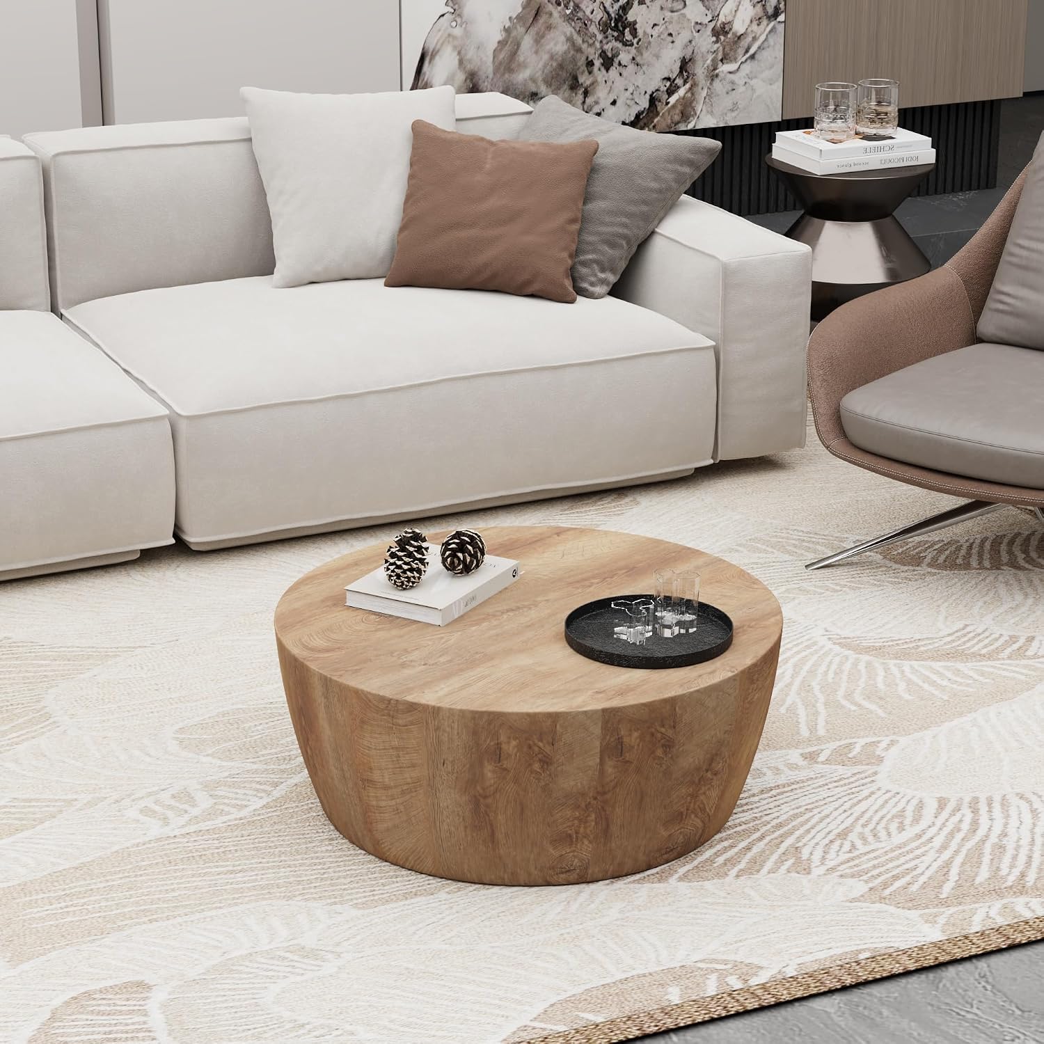 30' Round Coffee Table, Drum Coffee Tables for Living Room, Vintage Reversible Wooden Coffee Table, Mid Century Modern Center Table Tea Table for Bedroom or Office, No Need Assembly