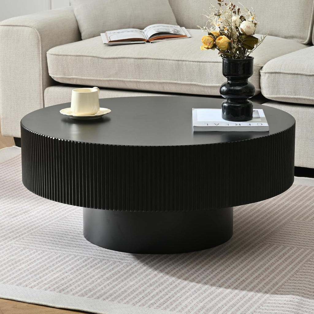 31.5'' Black Round Coffee Table Modern Wood Coffee Table for Living Room, Contemporary Circle Fluted Drum Pedestal Style, Easy Assembly, Black