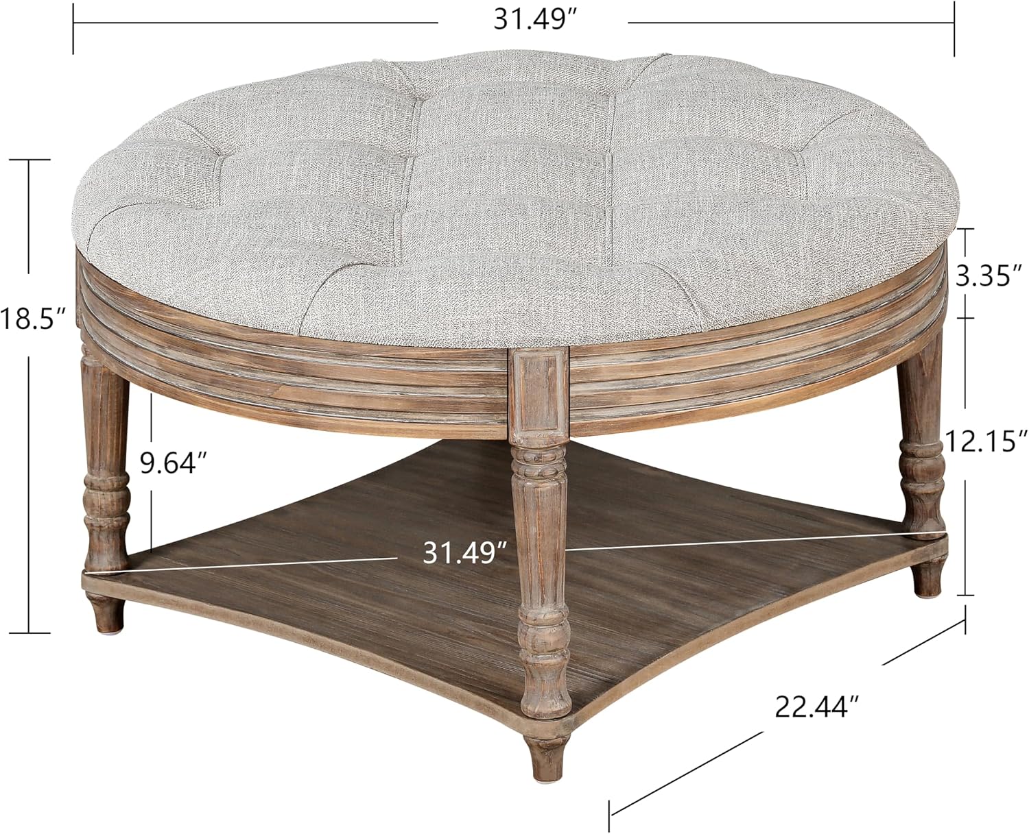 Large Round Storage Ottoman Coffee Table, 2 Tier Modern Upholstered Ottoman Footstool with Storage Shelf Tufted Linen Farmhouse Circle Coffee Table for Living Room (Grey)
